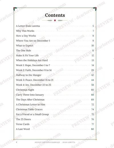 A watermarked sample page from Advent for Your Marriage: the contents.