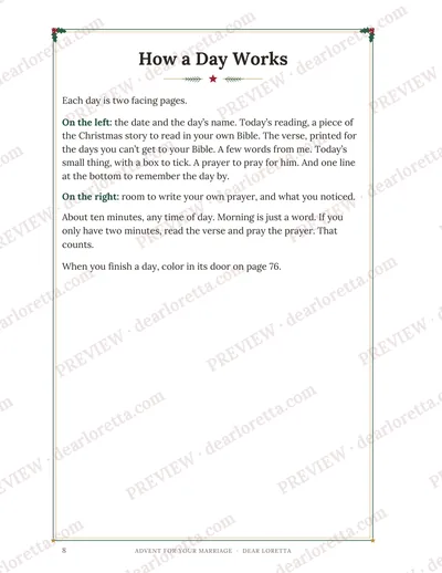 A watermarked sample page: How a Day Works, two facing pages for each day.