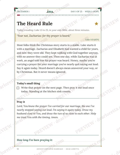 A watermarked sample page: December 1, with its rule, reading, verse, word, small thing and prayer.