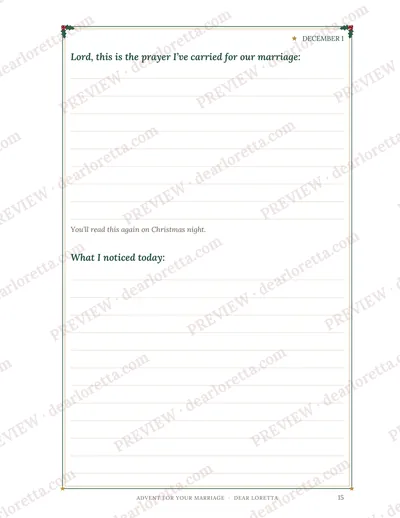 A watermarked sample page: December 1's writing page, with the day's prayer prompt and room to write.