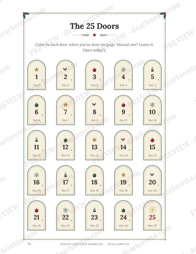 A watermarked sample page: The 25 Doors, a page to color in as you go.