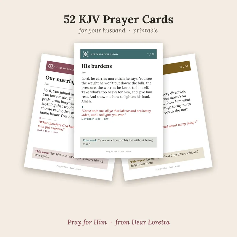 Three cards from Pray for Him, a deck of 52 KJV prayer cards for your husband from Dear Loretta, fanned out on cream.