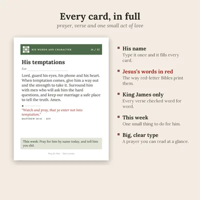 A Pray for Him card up close: the prayer, the verse and this week's small thing, with notes on what makes the deck different.