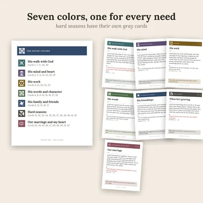 The color key beside cards in all seven colors, one color for each kind of prayer.