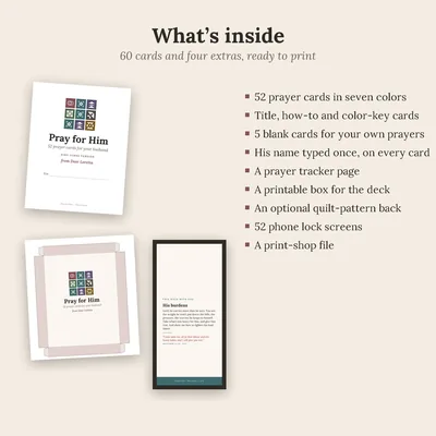 What comes in the deck: the cards, the title card, a printable box and a phone lock screen.