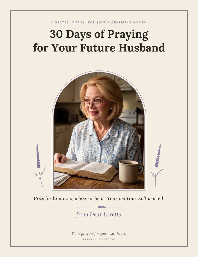 The cover of 30 Days of Praying for Your Future Husband, a prayer journal for single Christian women. Loretta, an AI character, smiles over an open Bible at her kitchen table.