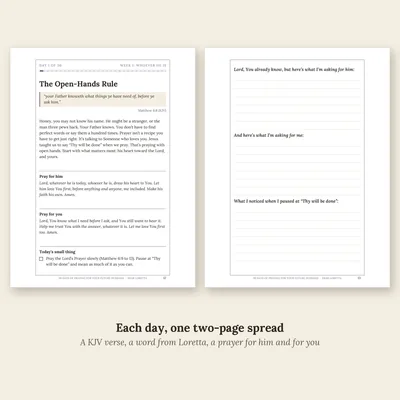Day 1, The Open-Hands Rule: a verse, a word from Loretta, a prayer for him and for you, and a writing page.