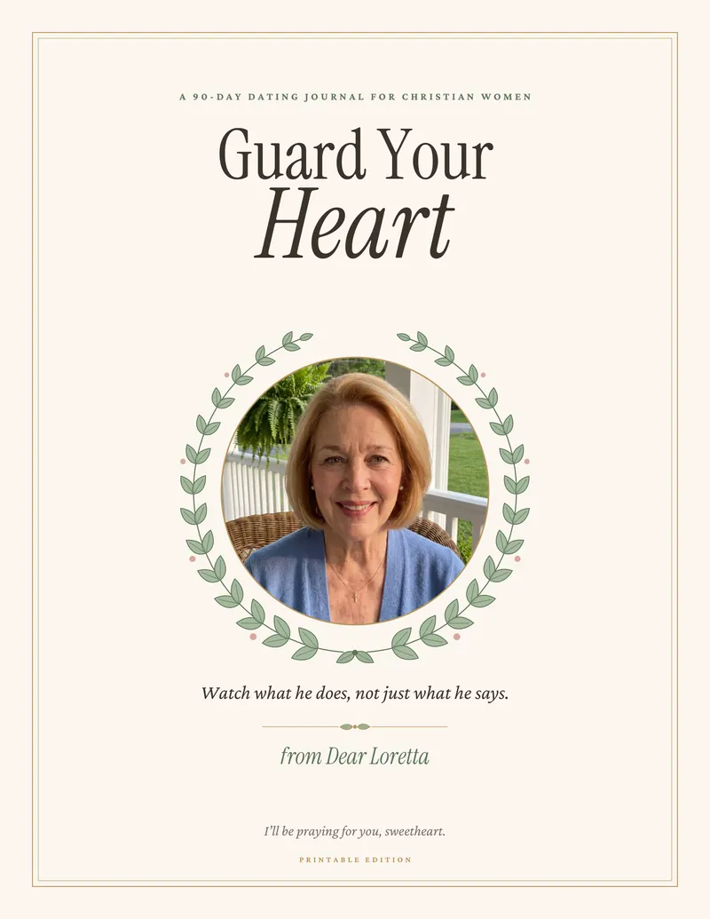 The cover of Guard Your Heart, a 90-day dating journal from Dear Loretta. Loretta, an AI character, smiles on a porch inside a green laurel wreath.