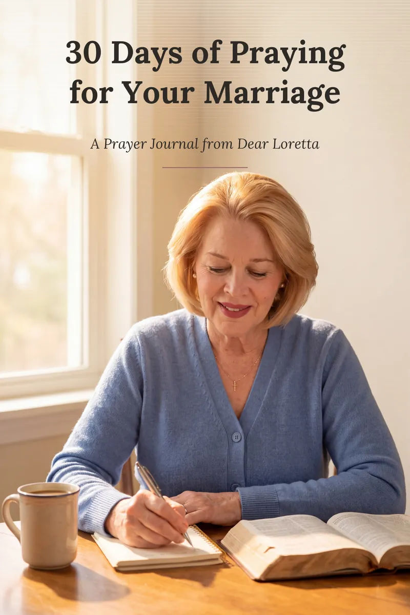 The cover of 30 Days of Praying for Your Marriage, a prayer journal from Dear Loretta. Loretta writes in a notebook at a sunny kitchen table.