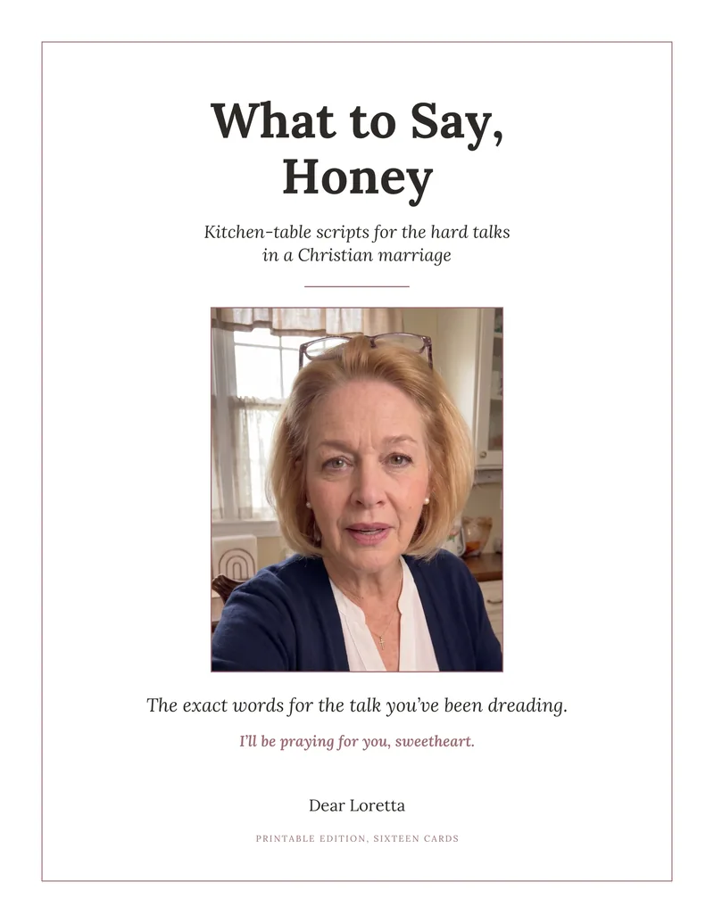The cover of What to Say, Honey, kitchen-table scripts for the hard talks in a Christian marriage. Loretta, an AI character, looks into the camera in her kitchen.