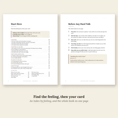 Two pages from What to Say, Honey: the index by feeling, and the whole book on one page.