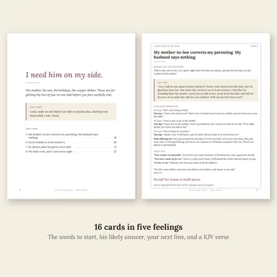 A divider page and card 5, about a mother-in-law who corrects your parenting, with its script, his likely answers and a verse.